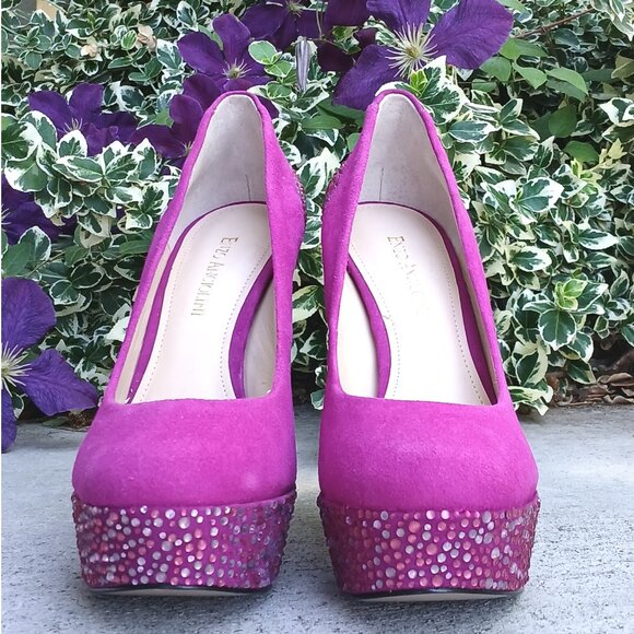 Enzo Angiolini Dark Pink Fuchsia Platform High Stiletto Heels with Rhinestones - Picture 4 of 8